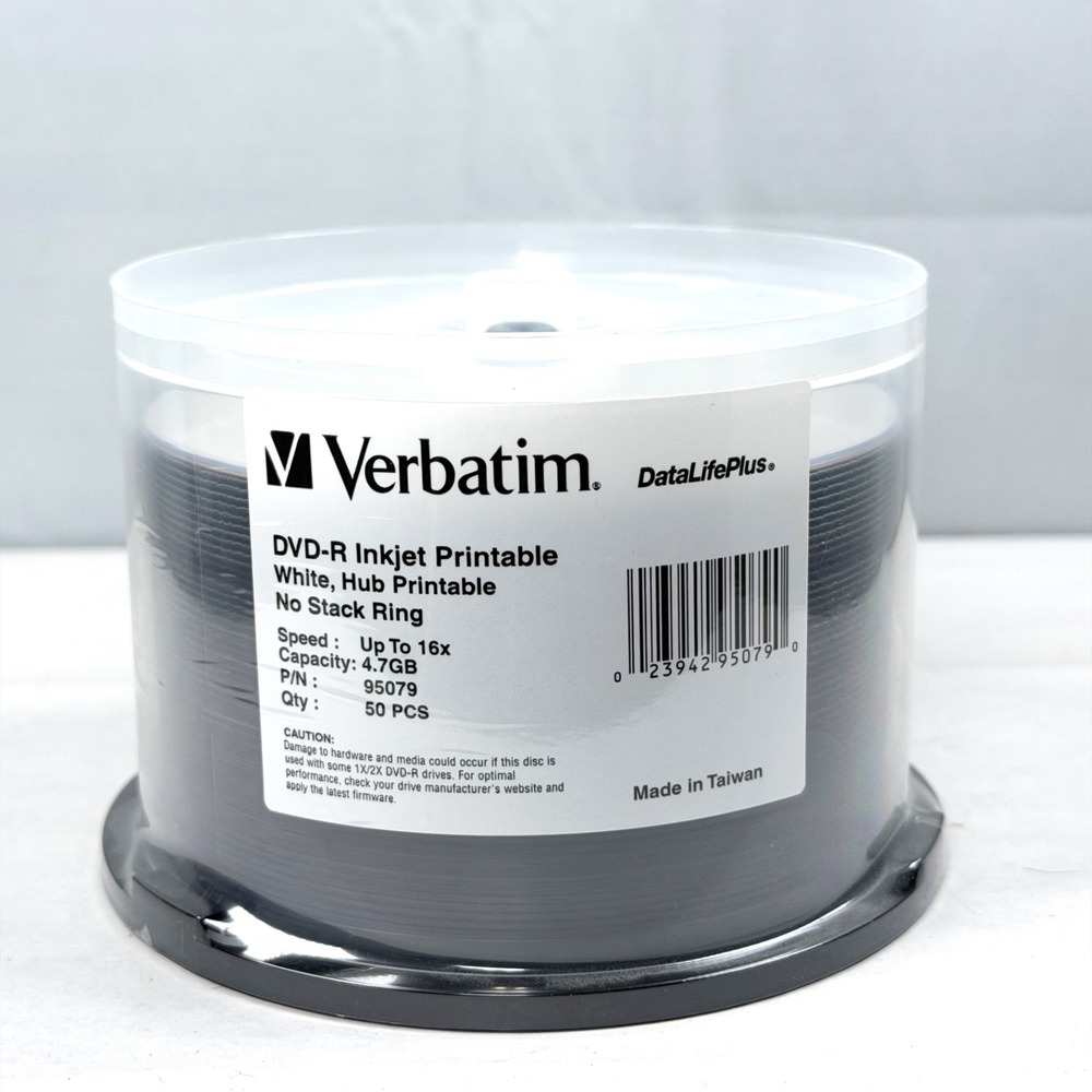 NEW 50-Pack Varbatim DVD-R Inkjet Printable Blank Discs White 16x 4.7GB 95079